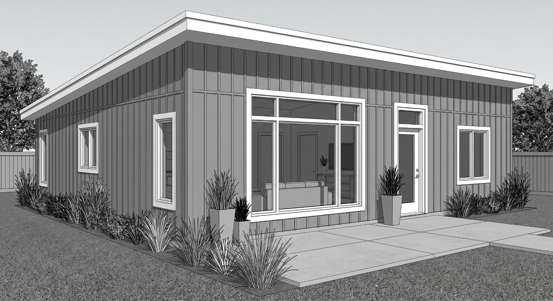 Grayscale massing study of the backyard house exterior showing board and batten siding and a low slope roof