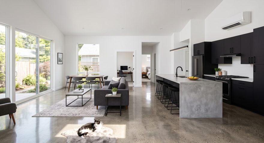 Great Room + Kitchen reference render for the backyard house