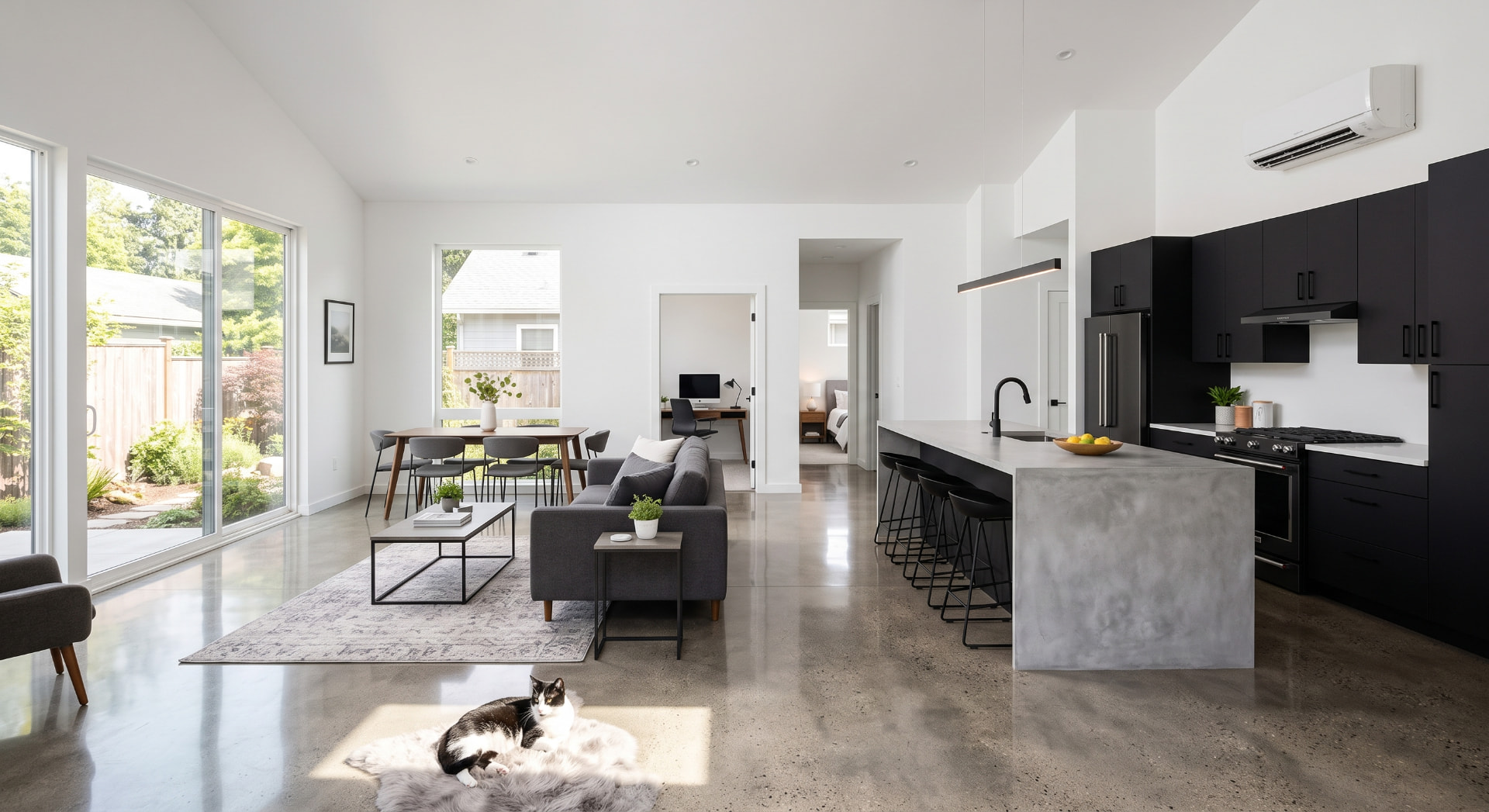 Interior of the great room looking toward the black kitchen and concrete island with polished concrete floors