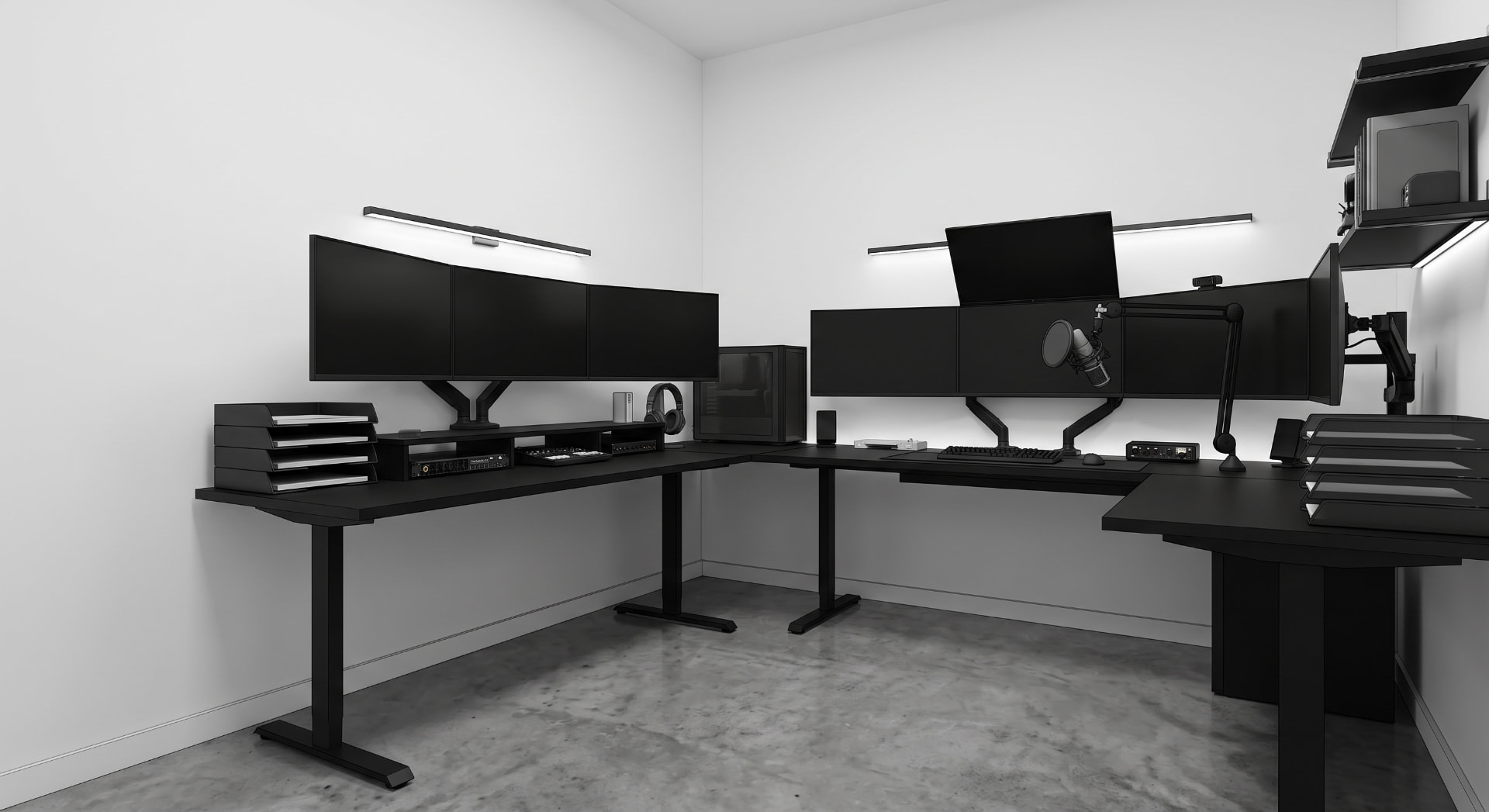 Office corner with an L-shaped black standing desk, six monitors on arms, linear over-desk lighting, and polished concrete floor
