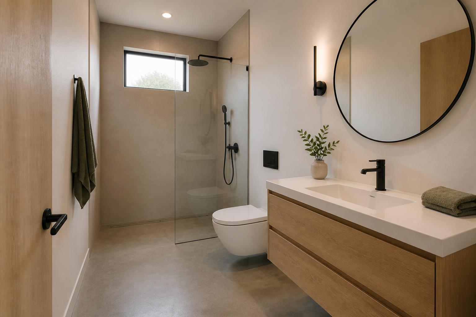 Minimalist bathroom with a walk-in shower behind a frameless glass panel, floating oak vanity, matte-black fixtures, and polished concrete floor