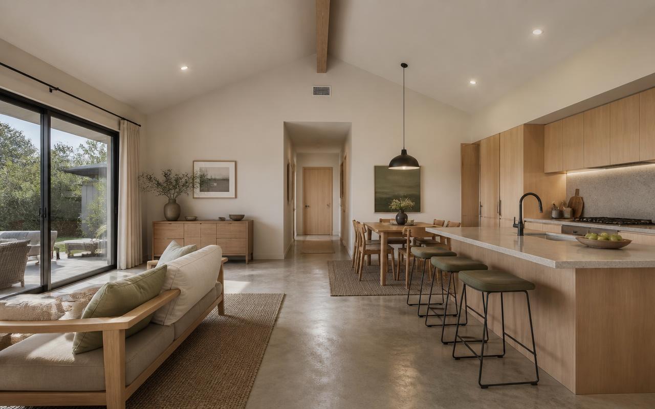 Japandi great room with white-oak galley kitchen, stone island, low oak sofa and satin-polished concrete floor