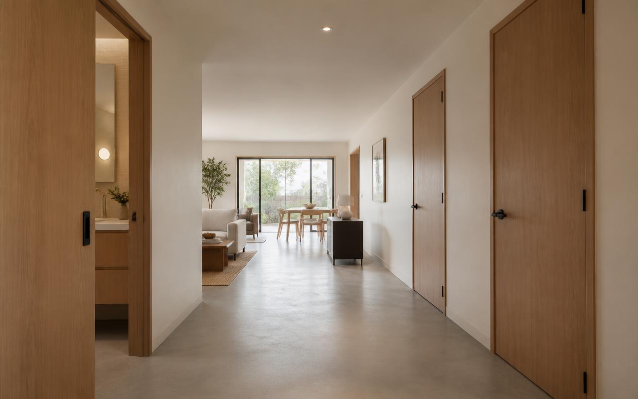Short Japandi hall with white-oak pocket door to the bath and two oak bedroom doors