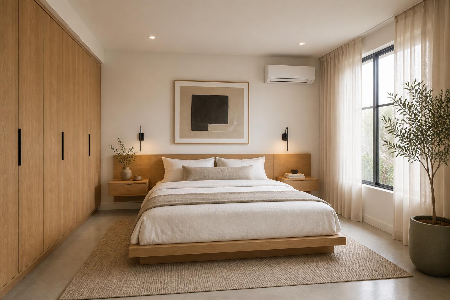 Primary bedroom with a low white-oak platform bed, floating oak nightstands, black sconces, and a built-in full-height oak wardrobe